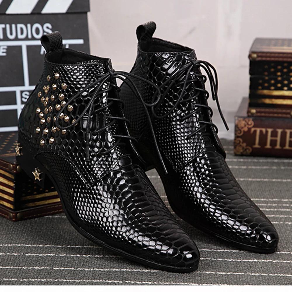 Bottes provoqué pointues en cuir véritable pour hommes, chaussures à rivets, cuir brillant, haute qu