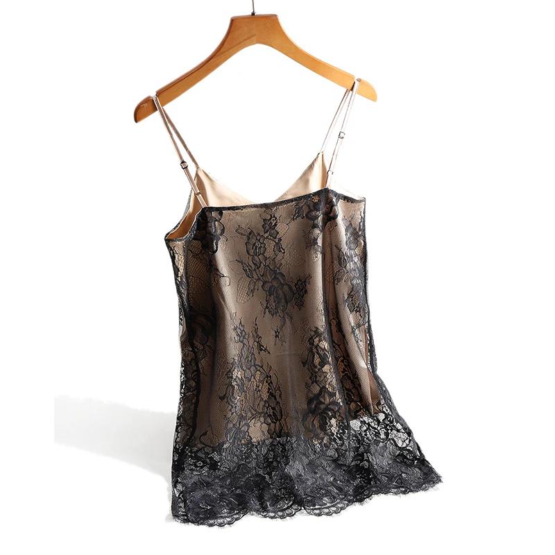 Sexy dentelle Spaghetti sangle haut femmes licou col en V basique Cami sans manches Satin soie débar