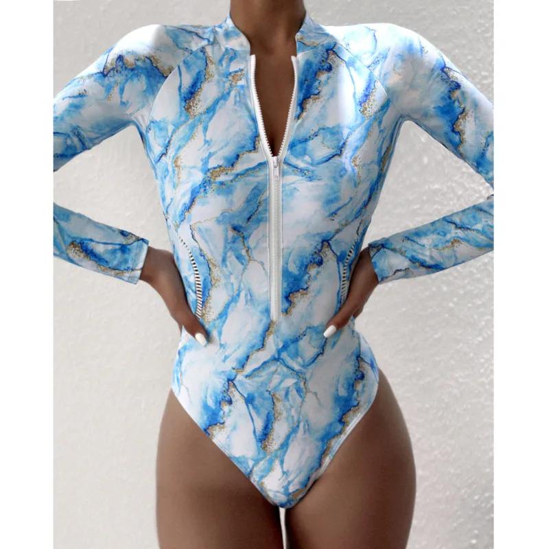 Été impression fermeture éclair une pièce maillot de bain fermé à manches longues maillots de bain s