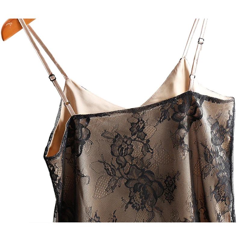 Sexy dentelle Spaghetti sangle haut femmes licou col en V basique Cami sans manches Satin soie débar