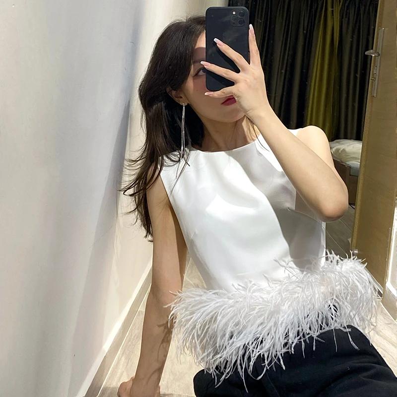 TWOTWINSTYLE noir Patchwork plumes mode coréenne petit haut femmes col rond sans manches mince hauts