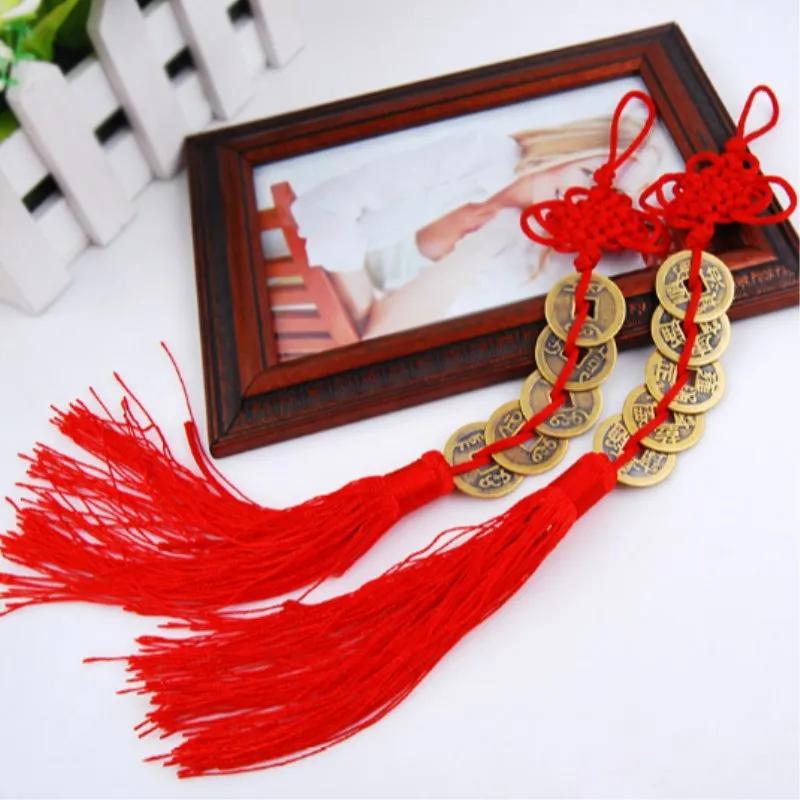 1 pièce de pièces de monnaie chinoises Feng Shui avec nœud rouge fait main, décoration suspendue pou
