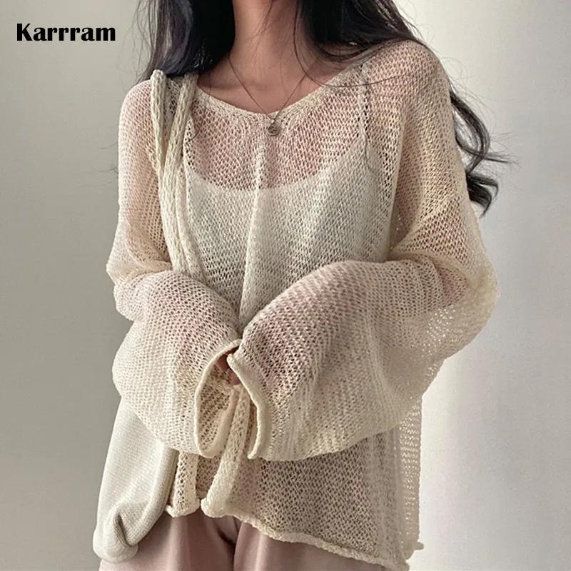 Karrram – pull à manches longues pour Femme, Style paresseux, haut ajouré, Sexy, mode, décontracté,