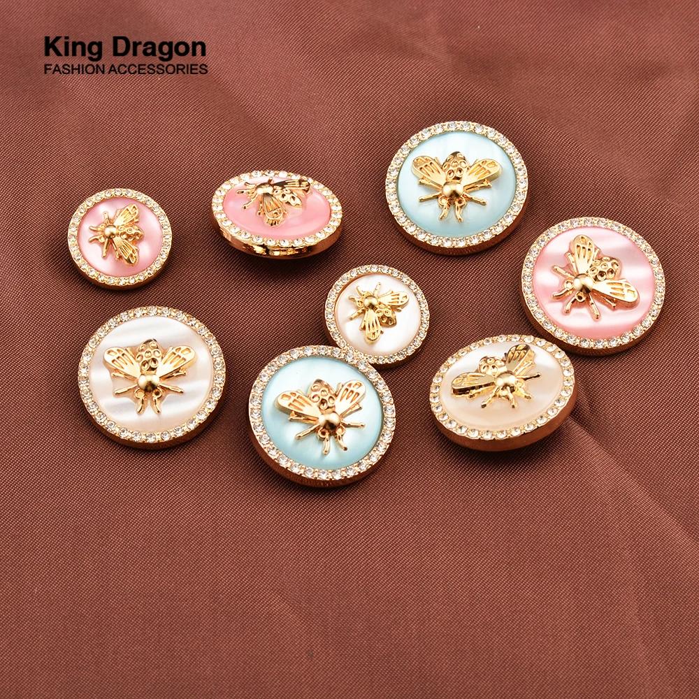 Nouvel Arrivage – Lot de 6 Boutons en Métal Doré avec Strass et Perles Roses et Bleues, Style Abeill