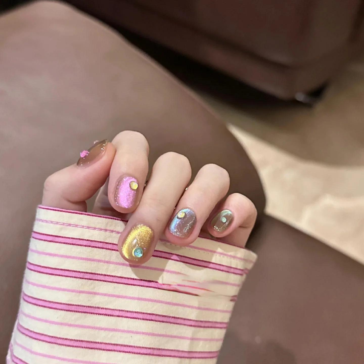 10 pièces oeil de chat presse à la main sur les ongles couleur bonbon faux ongles été mignon portabl