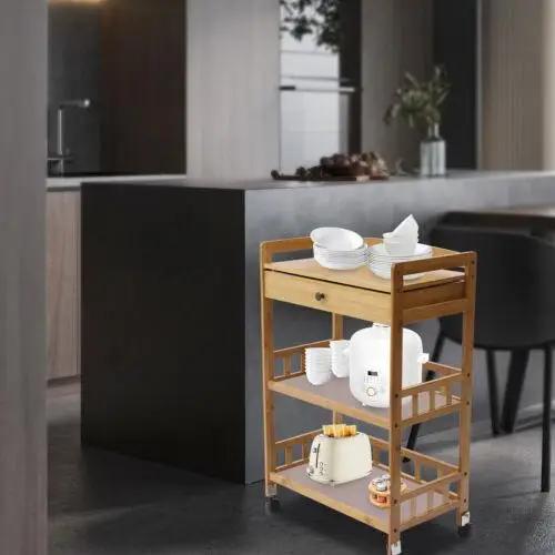 Chariot de Cuisine Roulant en Bambou avec Support de Rangement, Étagères à 3 Niveaux, Organisateur,
