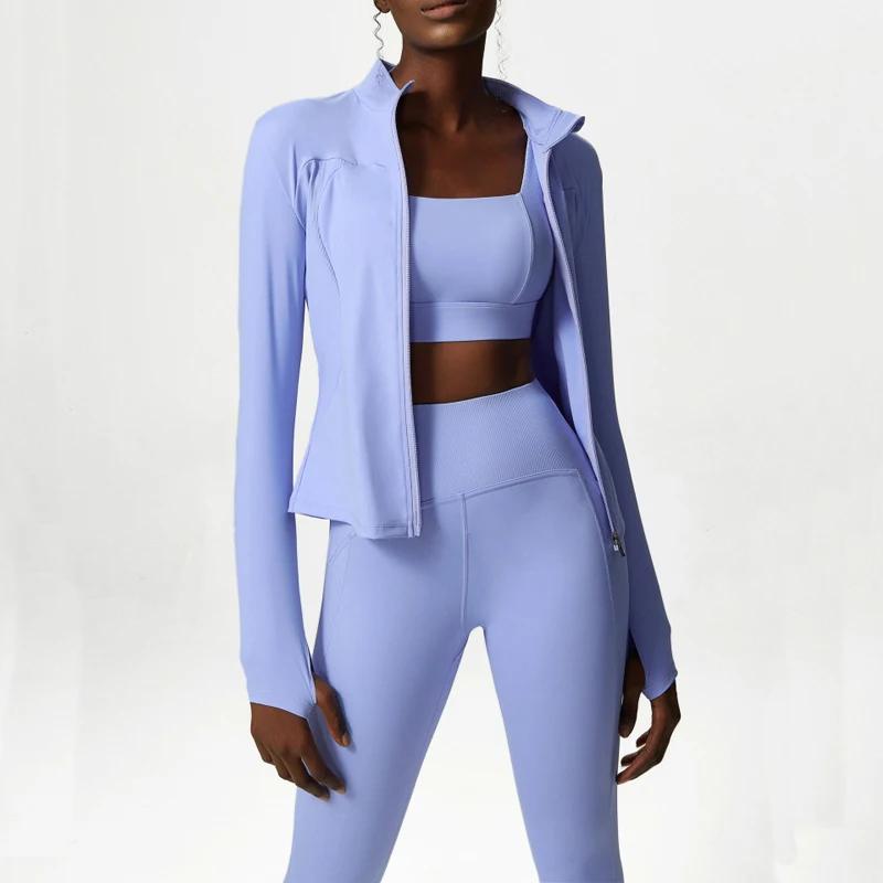 Ensemble yoga fitness femme couleur unie - Soutien-gorge sexy veste leggings 2/3 pièces