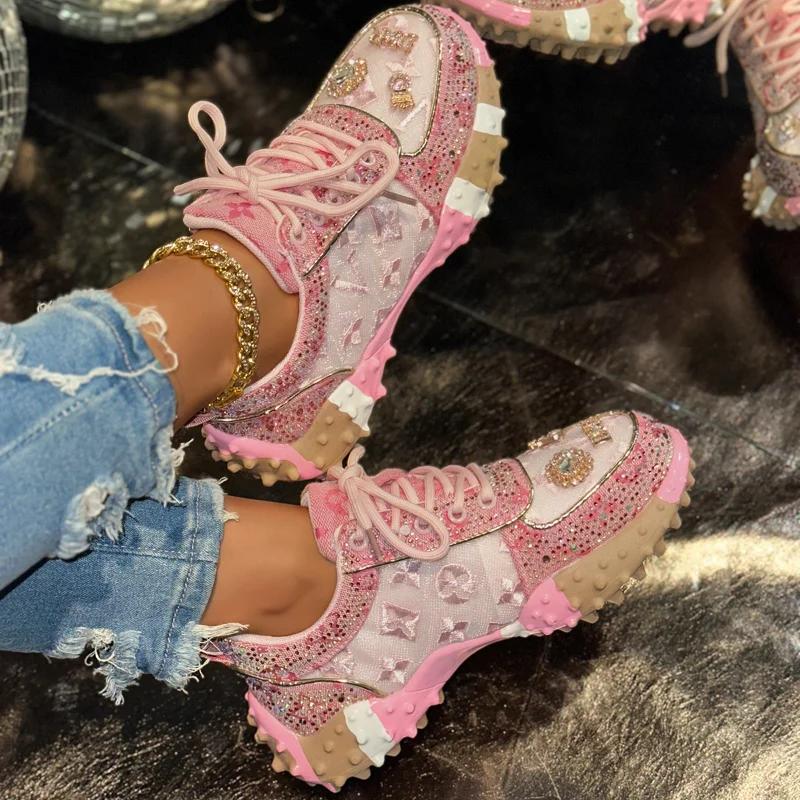 Baskets décontractées pour femmes, chaussures de luxe à strass, nouvelle plateforme d'extérieur, cha