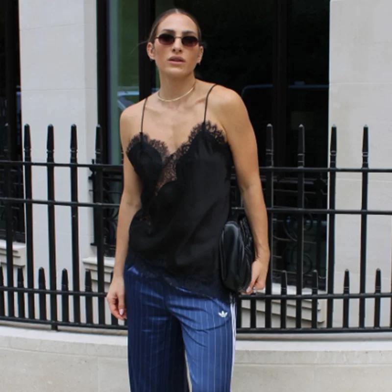 HXAO femmes recadrée dentelle haut Slip dos nu Sexy haut bleu femmes sans manches Camisole hauts de