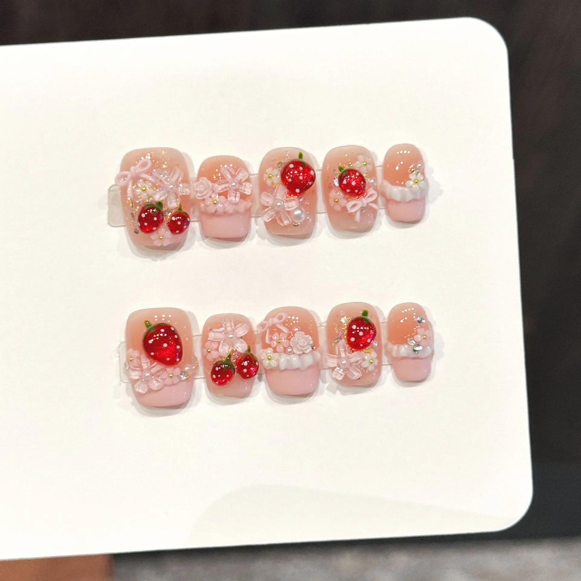 10 pièces mignon rouge fraise presse sur ongles rose nœuds papillon fleur perle décor français à la