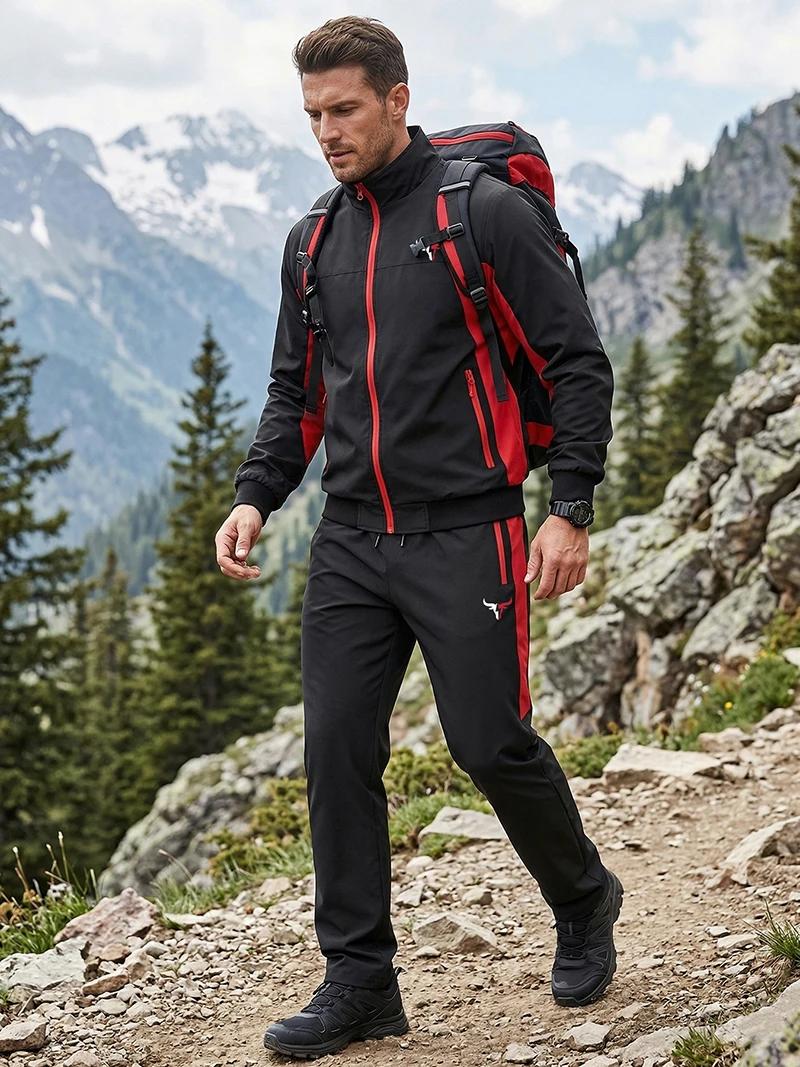 Ensemble de sport Colorblock imprimé taureau pour hommes, col montant d'extérieur, veste zippée, man
