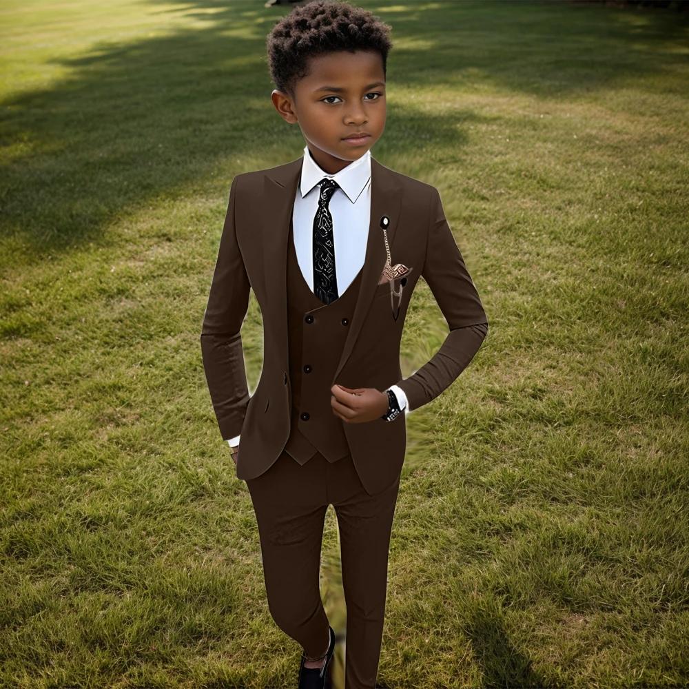 Ensemble de smoking marron à col châle pour enfants de 3 à 14 ans, costume élégant à un bouton pour