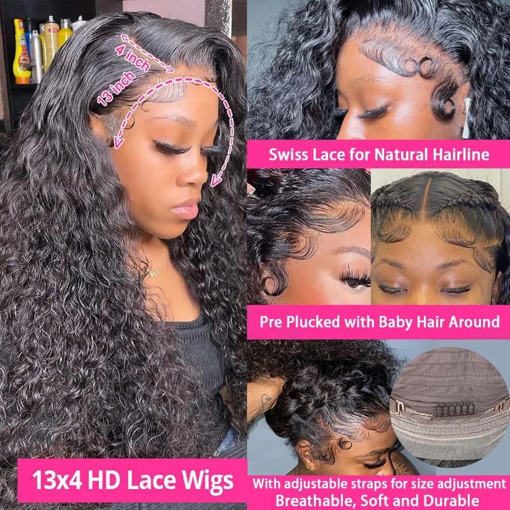Perruque Deep Wave Lace Frmeds Brésilienne Naturelle pour Femme, Cheveux Ondulés, 36 Pouces, 13x4, 1