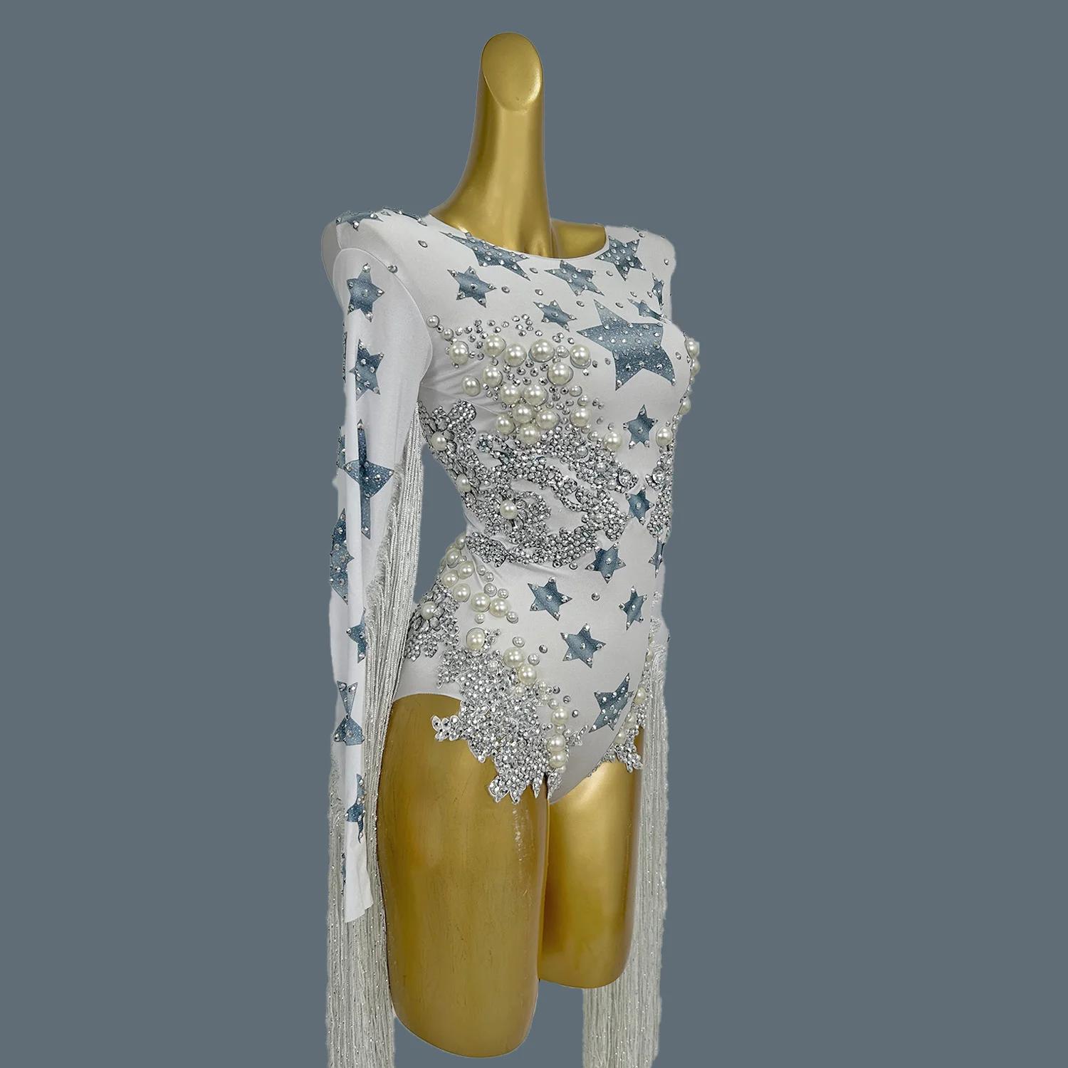 Justaucorps à Franges avec Strass et Grosses Perles pour Femme, Combinaison de Soirée à Long Pompon,