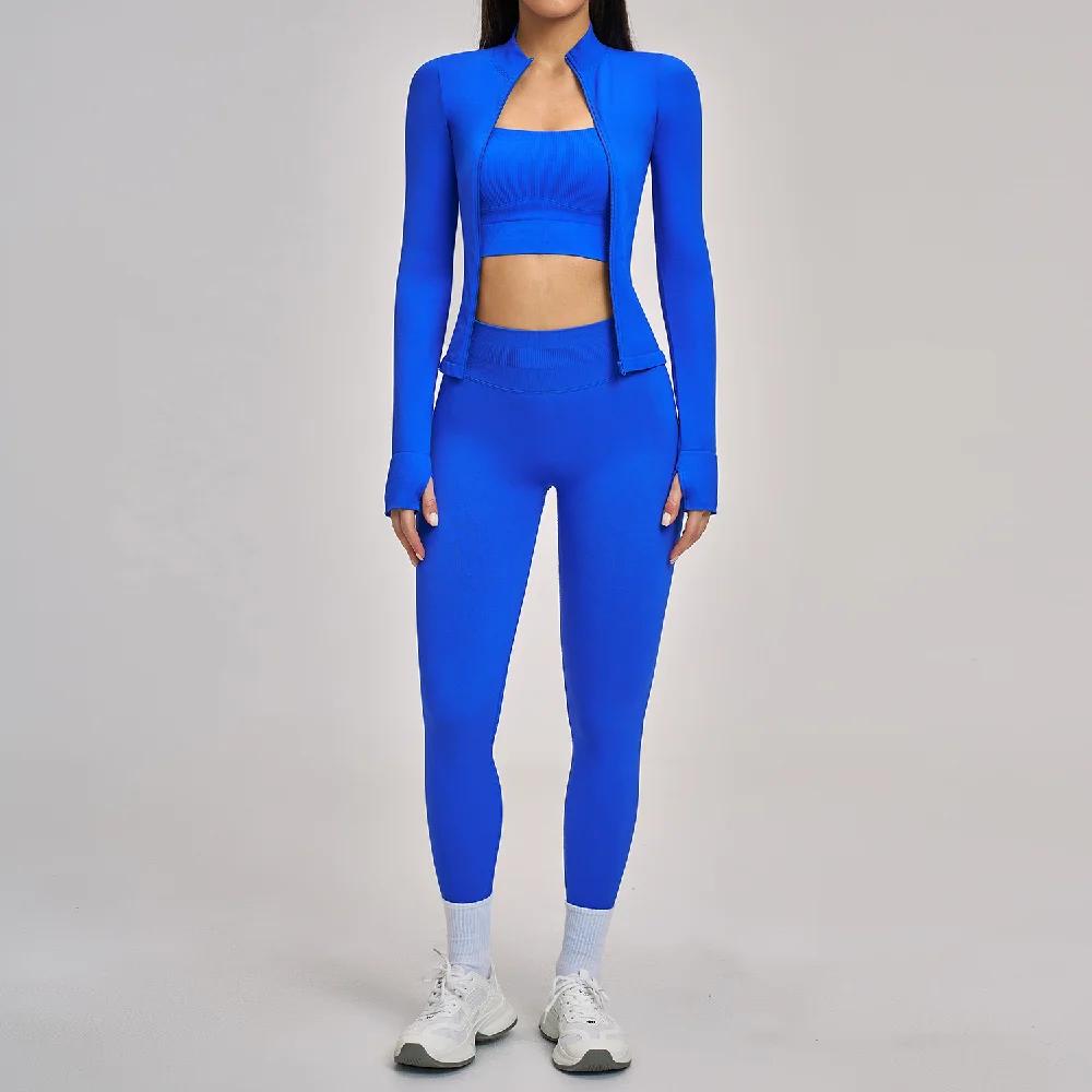 Ensemble de 3 pièces de vêtements de sport pour femmes, ensembles de survêtements de yoga sans coutu