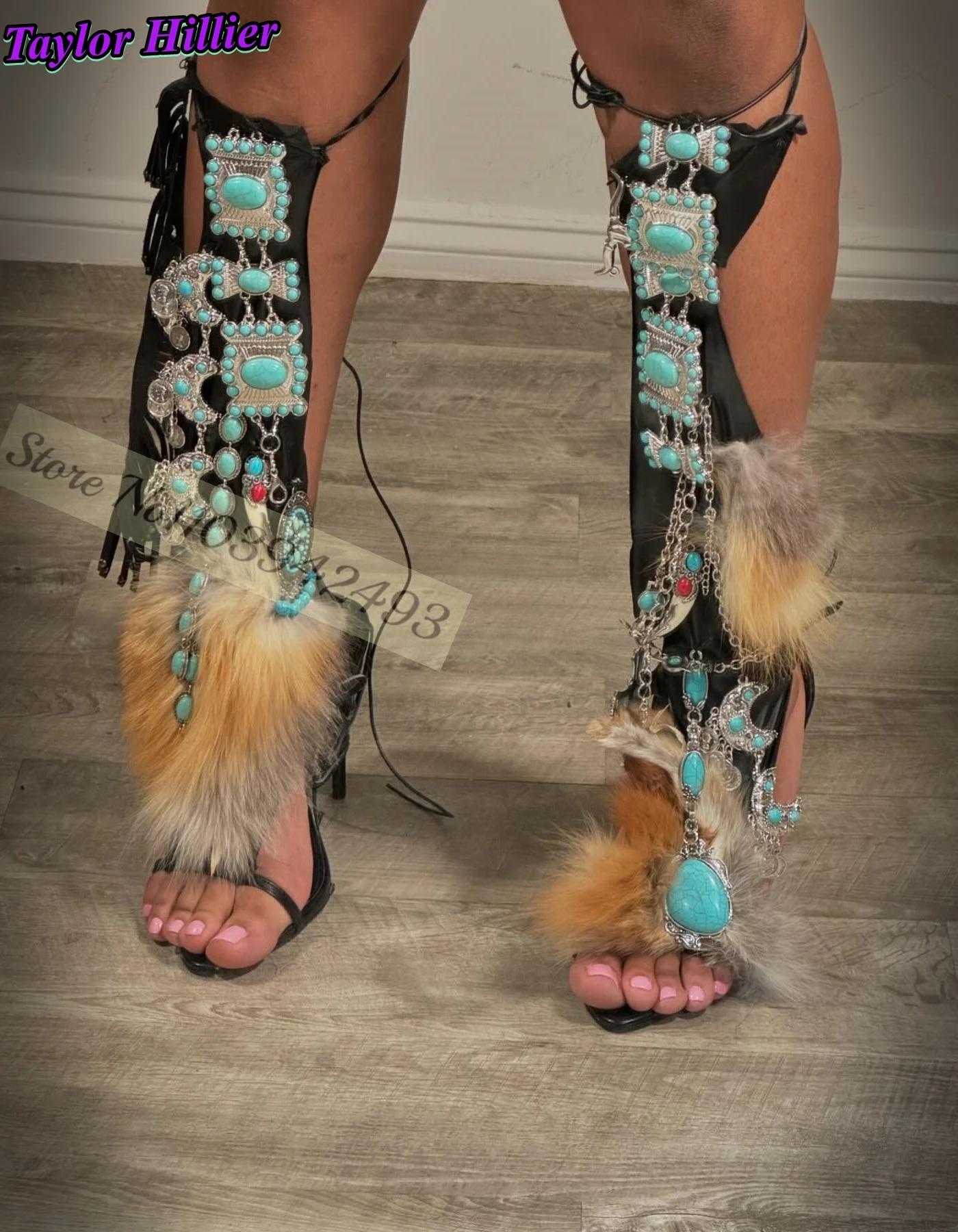 Gladiateur talons Turquoise fourrure Wrap sandales femmes chaussures couleur mixte romain mince talo