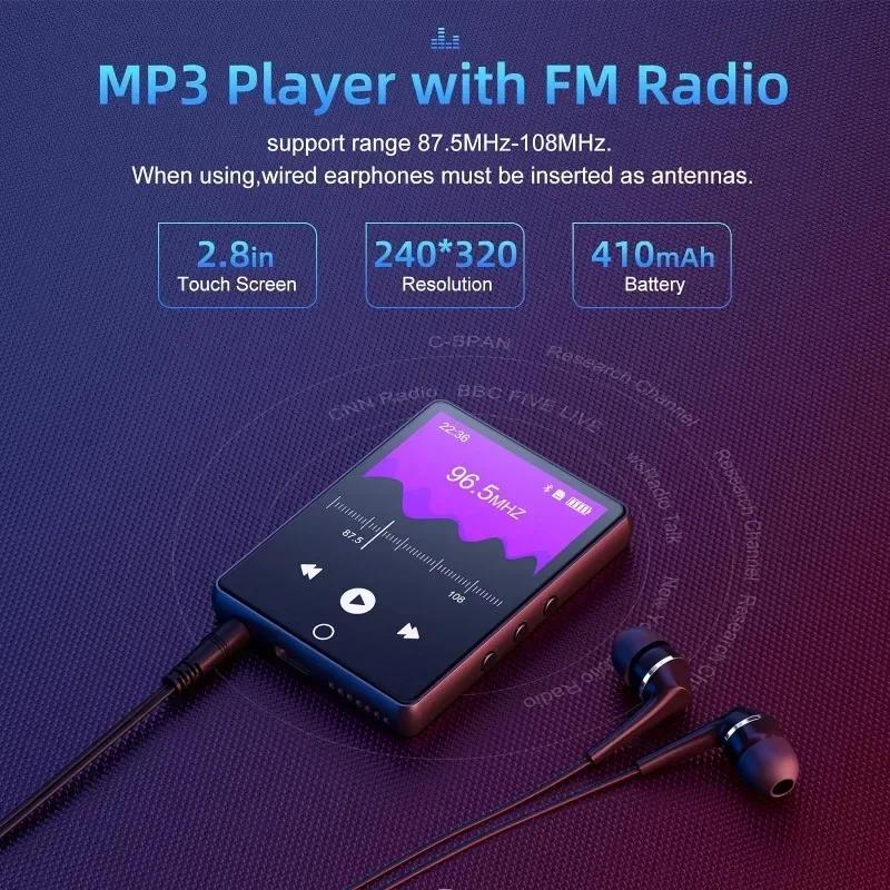 Lecteur MP3 à écran tactile, Bluetooth 2.8, lecteur de musique HiFi avec haut-parleur, radio FM, enr