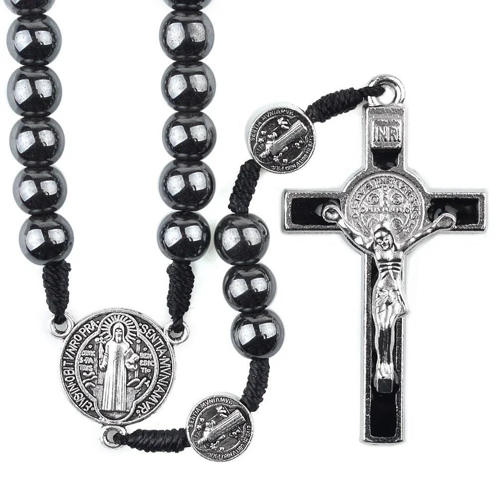Chapelet catholique, ornement de voiture, perle d'hématite noire, médaille de Saint benoît, croix de