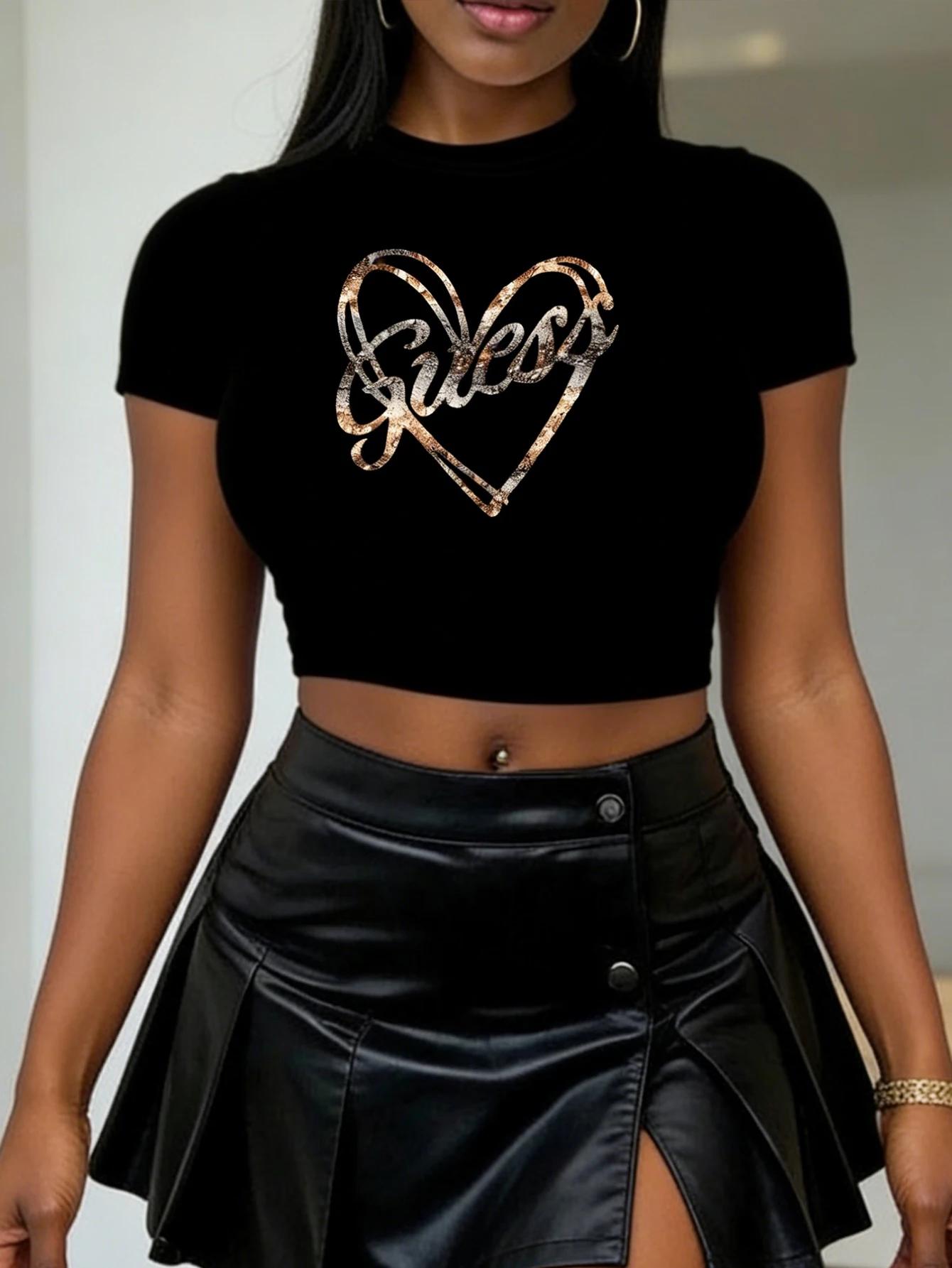 T-shirt à manches courtes pour femme, col rond, imprimé rétro en forme de cœur, ajusté et sans manch