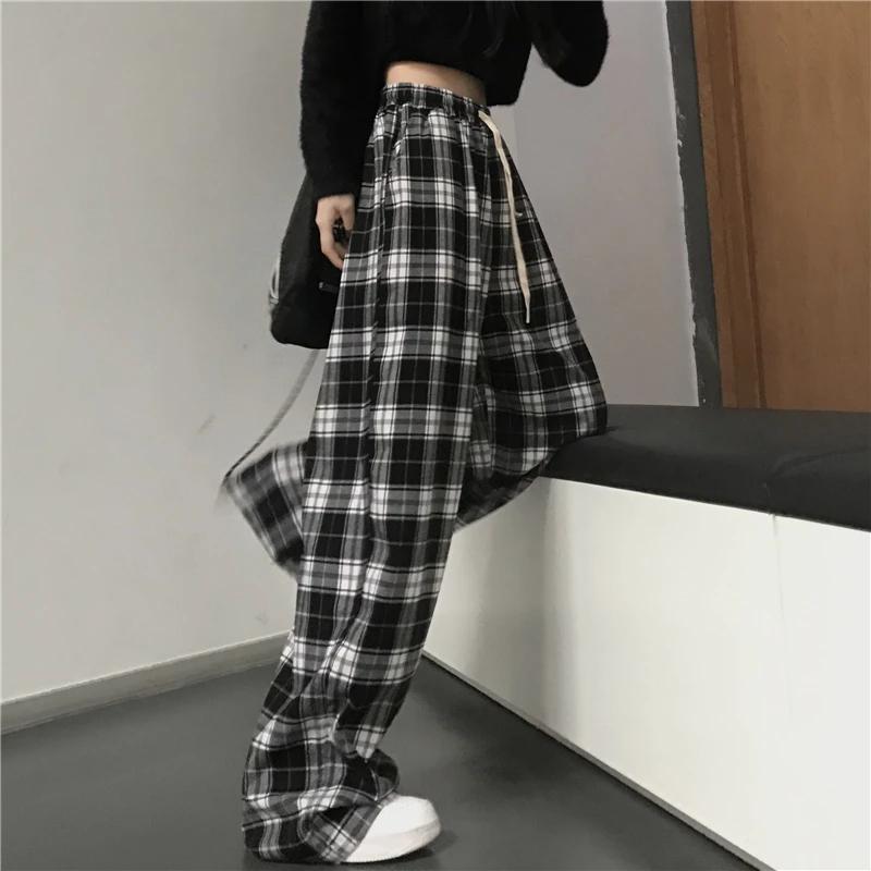 Pantalon de Survêtement Surdimensionné à Carreaux Noirs pour Femme, Baggy Décontracté, Taille artifi