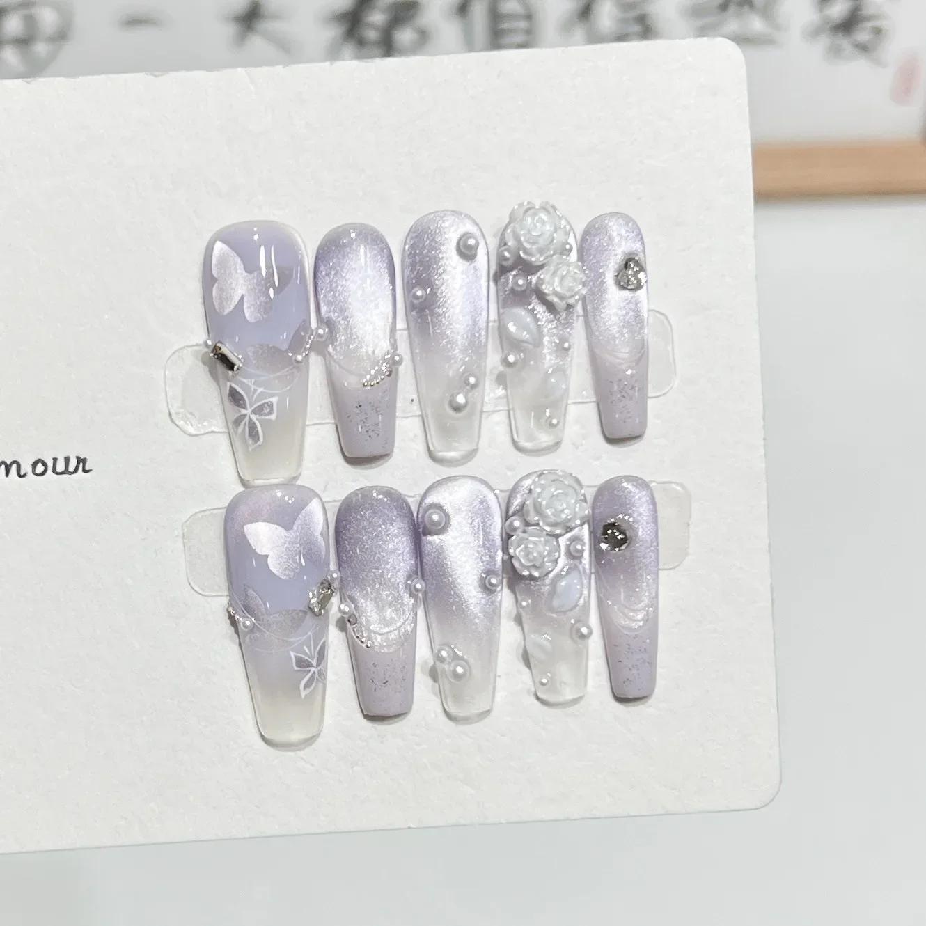 10 pièces Aurora oeil de chat presse à la main sur les ongles rose fleur de cerisier faux ongles fle