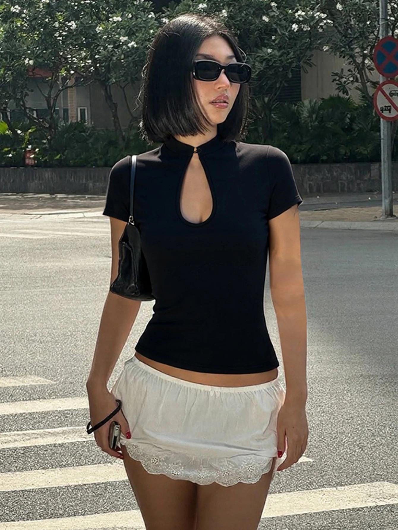 T-shirt Dulzura à col mandarin, manches courtes, style chinois, boutons noués, ajouré, mode décontra