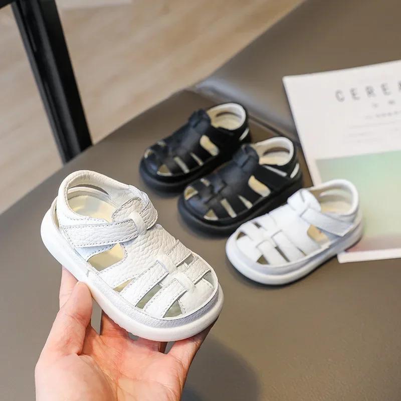 Sandales de plage coordonnantes en cuir véritable pour bébés garçons et filles, chaussures d'été déc