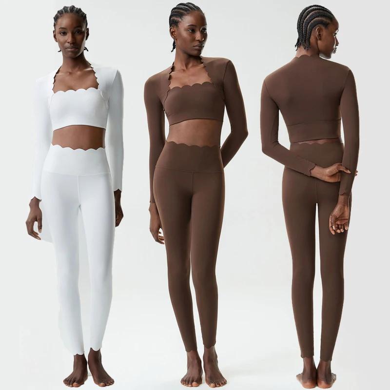 Ensemble de yoga fitness deux pièces pour femmes, couleur unie, manches longues, tenue de sport ajus