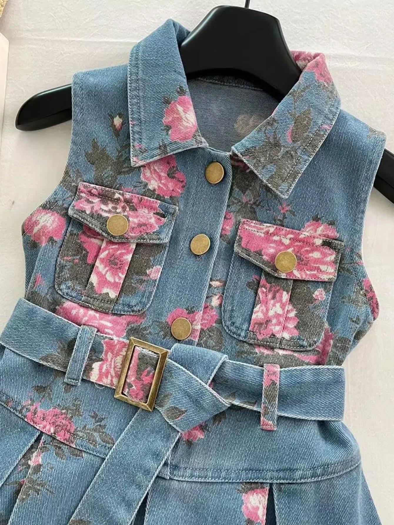 Robe d'été en jean pour filles – Col à imprimé floral et jupe trapèze ceinturée, robe de princesse d