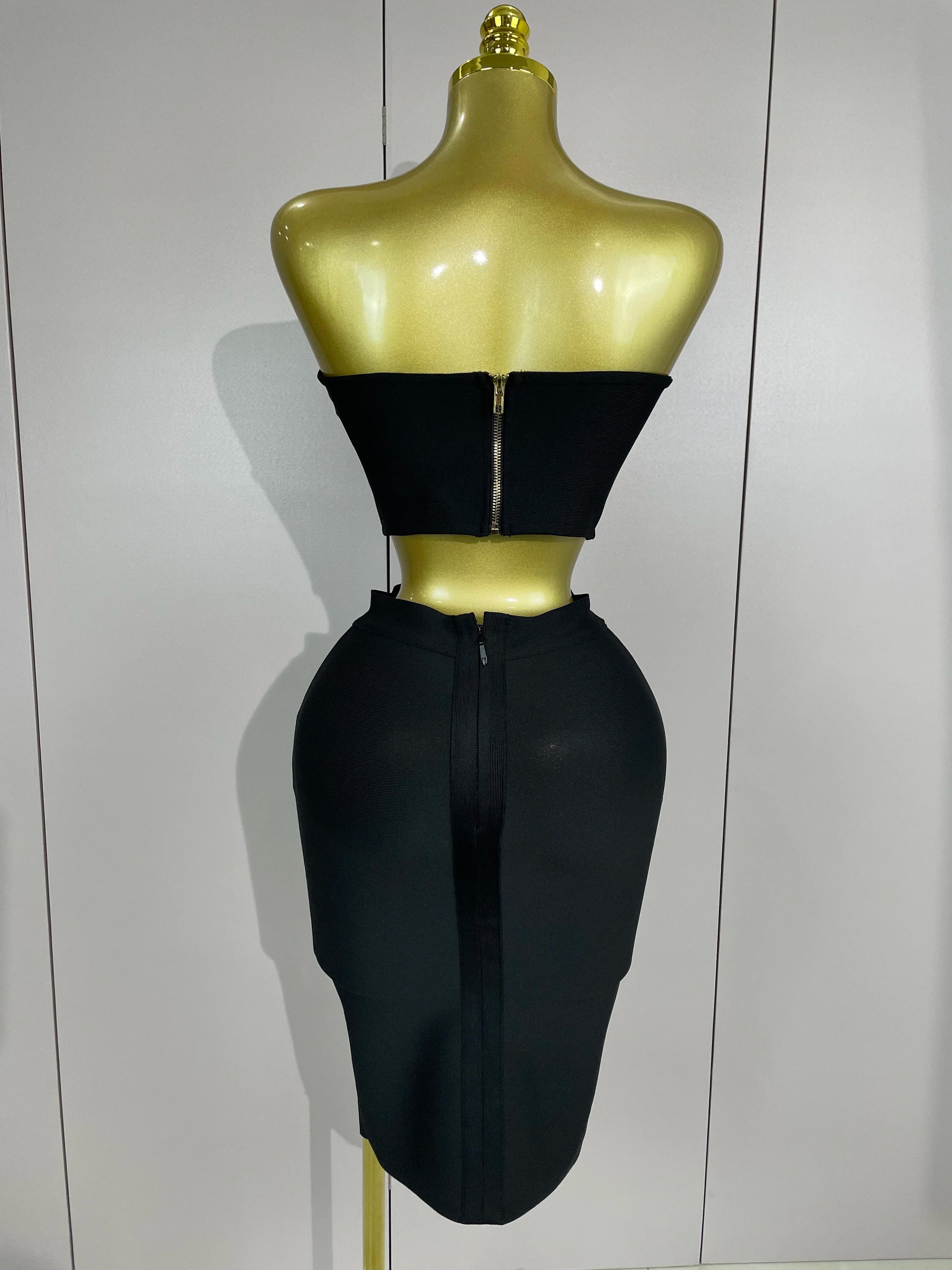 2025 Femmes Sexy Bretelles Dos Nu Noir Bandage Deux Pièces Costume Célébrité Designer De Mode Robe D