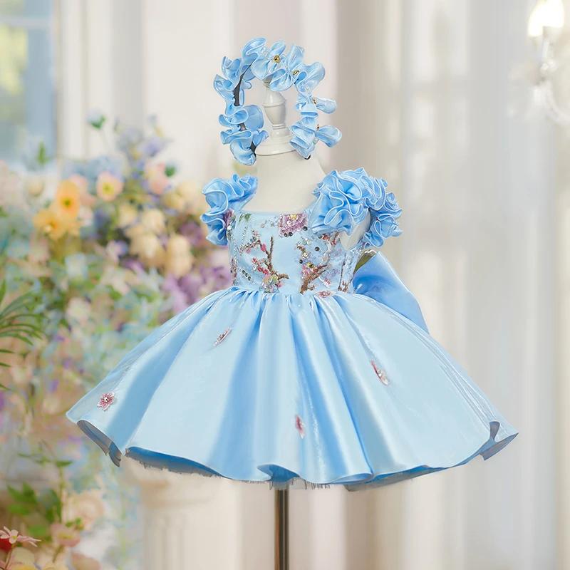 Nouvelle Robe de Princesse Bleue pour Enfants à Manches Volantes et Moelleuses, Robe de Cérémonie po