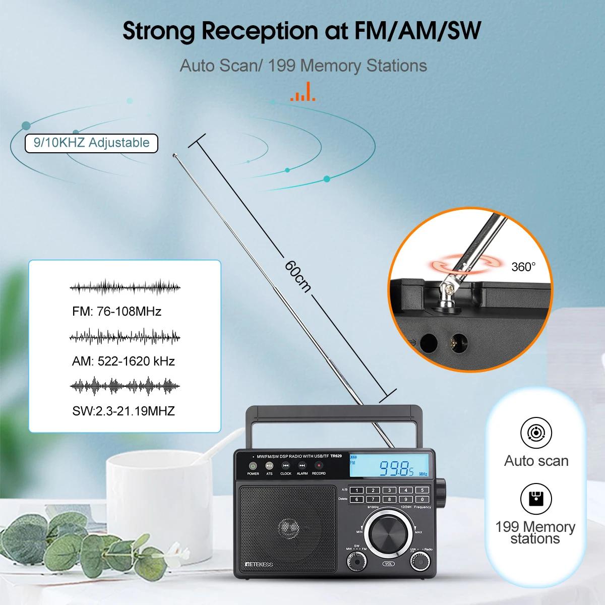 Retekess TR629 Radio Portable AM FM SW Multibande Radio à ondes courtes stéréo Mp3 haut-parleur batt