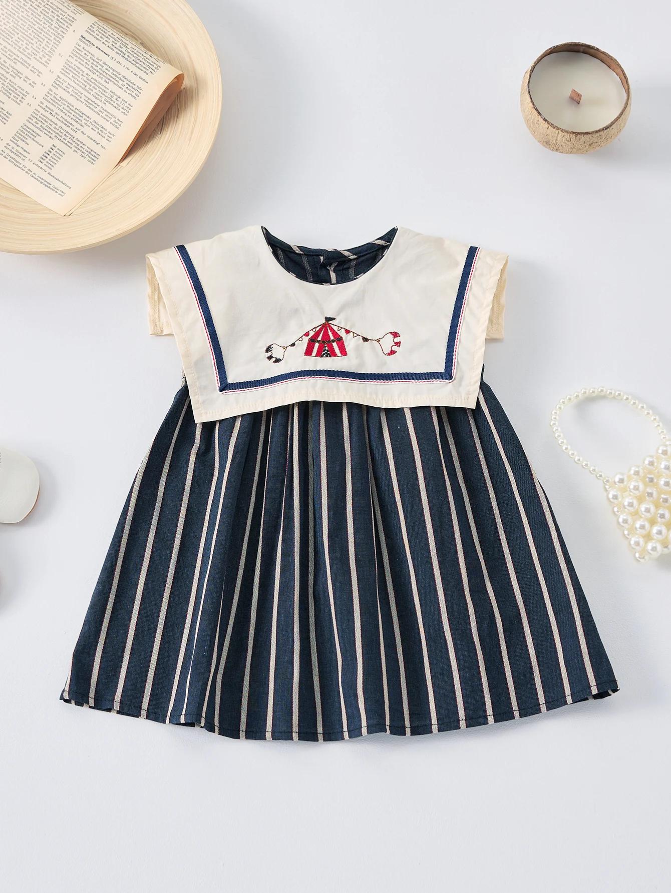 Robe d'été décontractée pour filles, jupe rayée à grand revers, sans manches, brodée