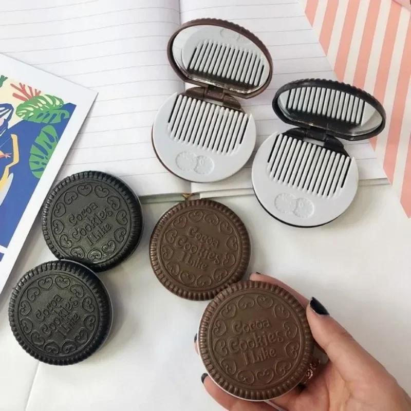 Miroir de maquillage rond pliant Biscuit au chocolat Ins Kawai miroirs de poche extérieurs femmes pe
