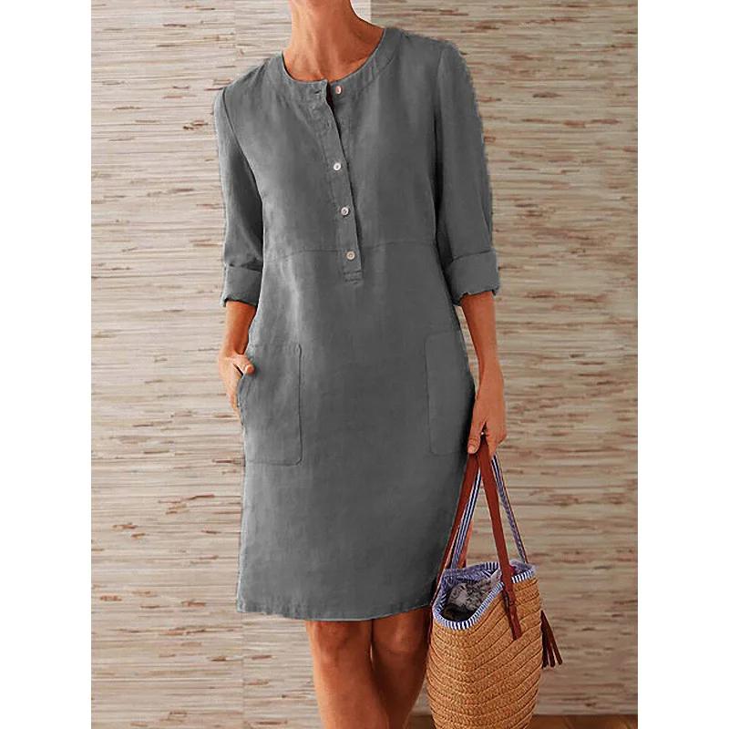 Robe tunique en coton et lin pour femmes, décontractée, solide, manches longues, Vintage, droite, ma