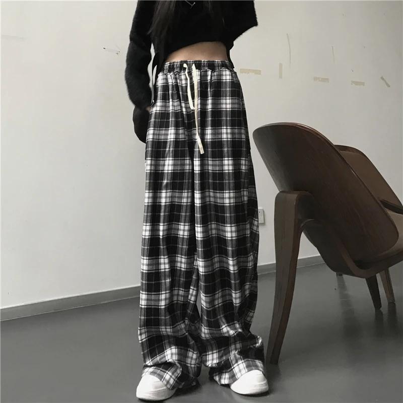 Pantalon de Survêtement Surdimensionné à Carreaux Noirs pour Femme, Baggy Décontracté, Taille artifi