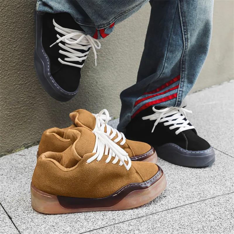Chaussures de skateboard en cuir suédé pour hommes, baskets marron, chaussures à plateforme, chaussu