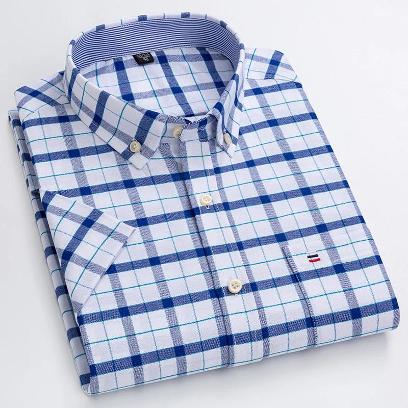 Chemises Oxford d'été 100% coton pour hommes, manches courtes, à carreaux, coupe régulière, douce, r
