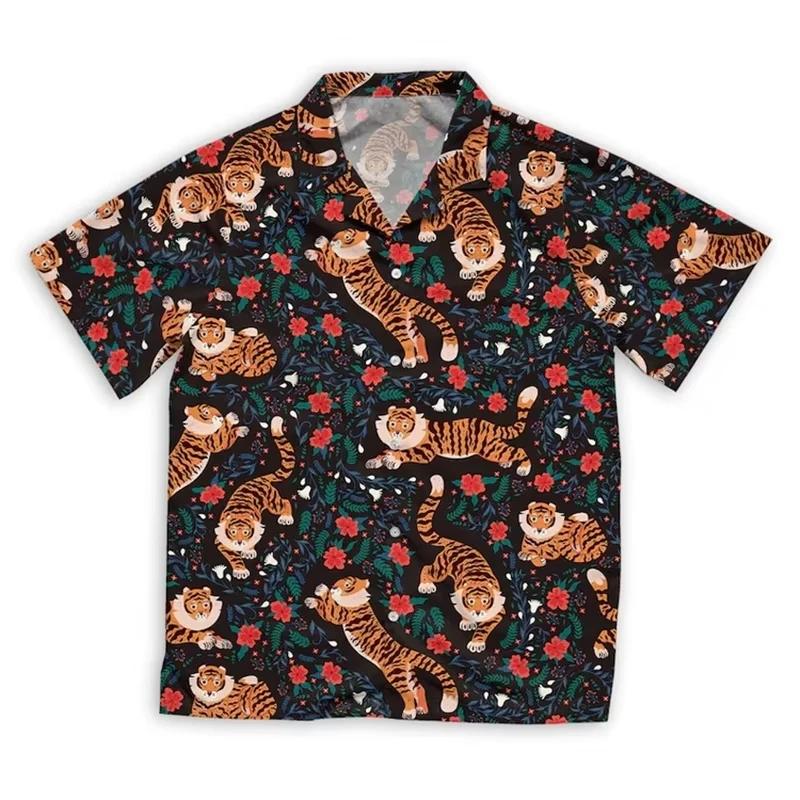  Chemise hawaïenne tigre 3D pour hommes, imprimé Animal, manches courtes, Y2K, fête sur la plage,