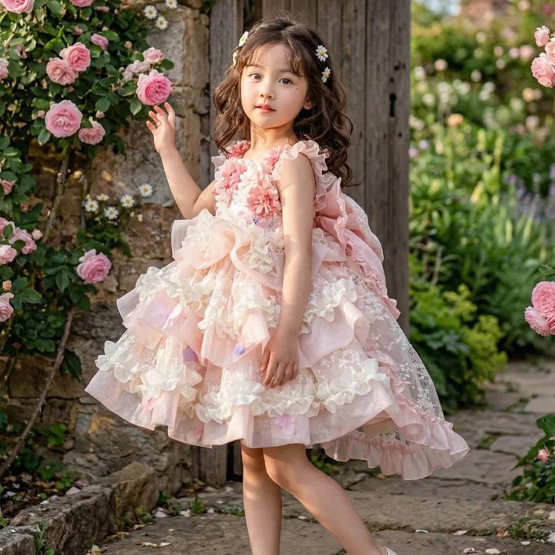 Robe de princesse Lolita originale pour filles, robe rose à fleurs pour anniversaire, mariage, fête,