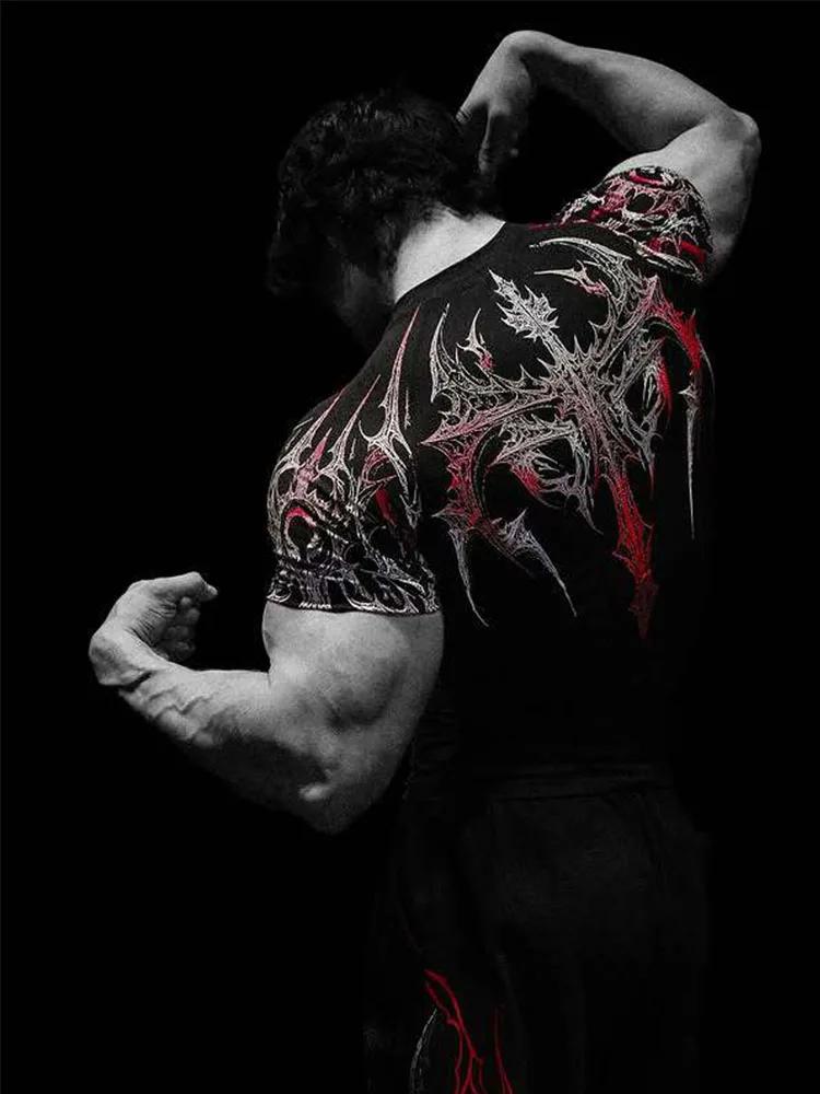 T-shirt de sport pour homme, imprimé gothique foncé, coupe musclée, haute élasticité et séchage rapi