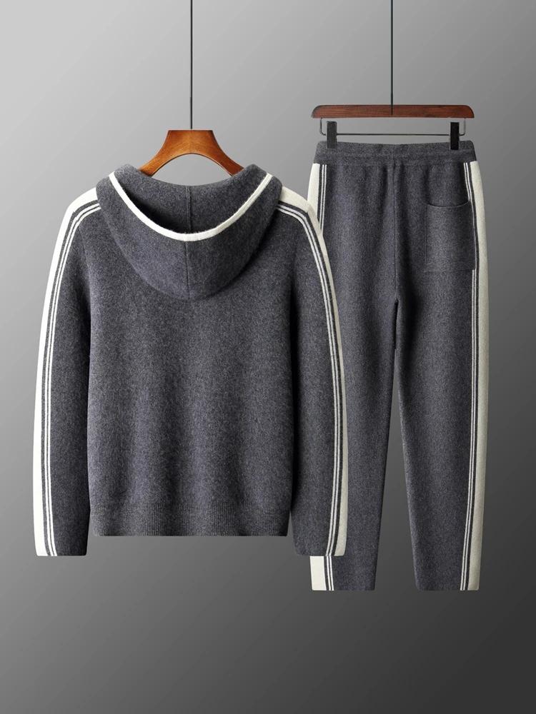 Ensemble deux pièces 100% laine mérinos pour hommes, Cardigan à col à capuche avec fermeture éclair