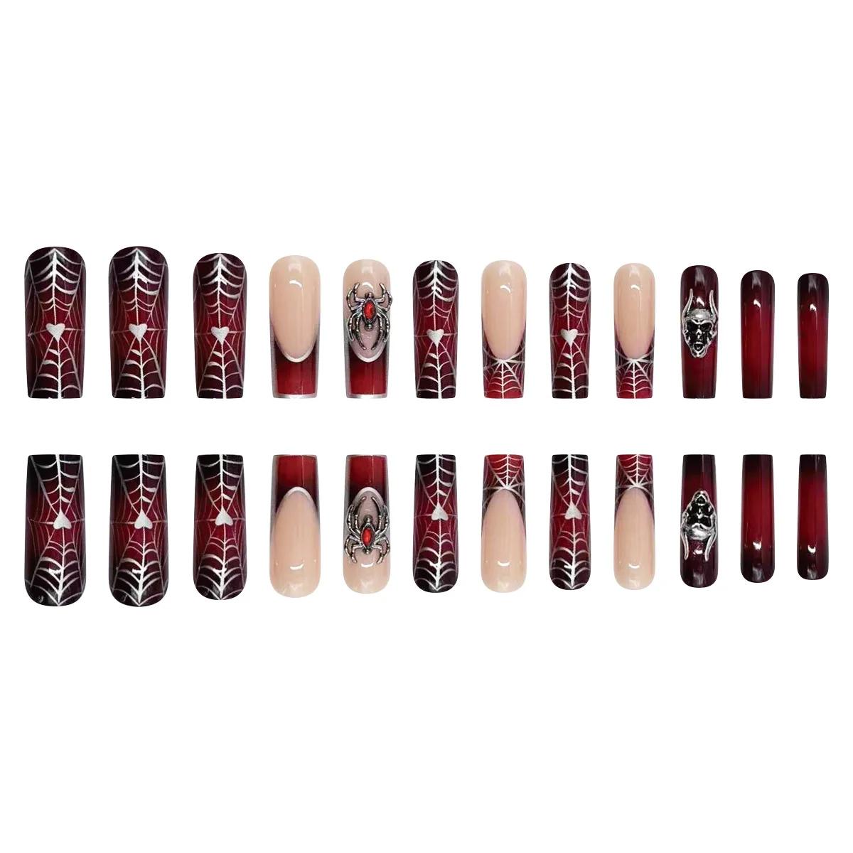 24 pièces français noir presse sur ongles Style Punk 3D araignée crâne conception faux ongles noir r