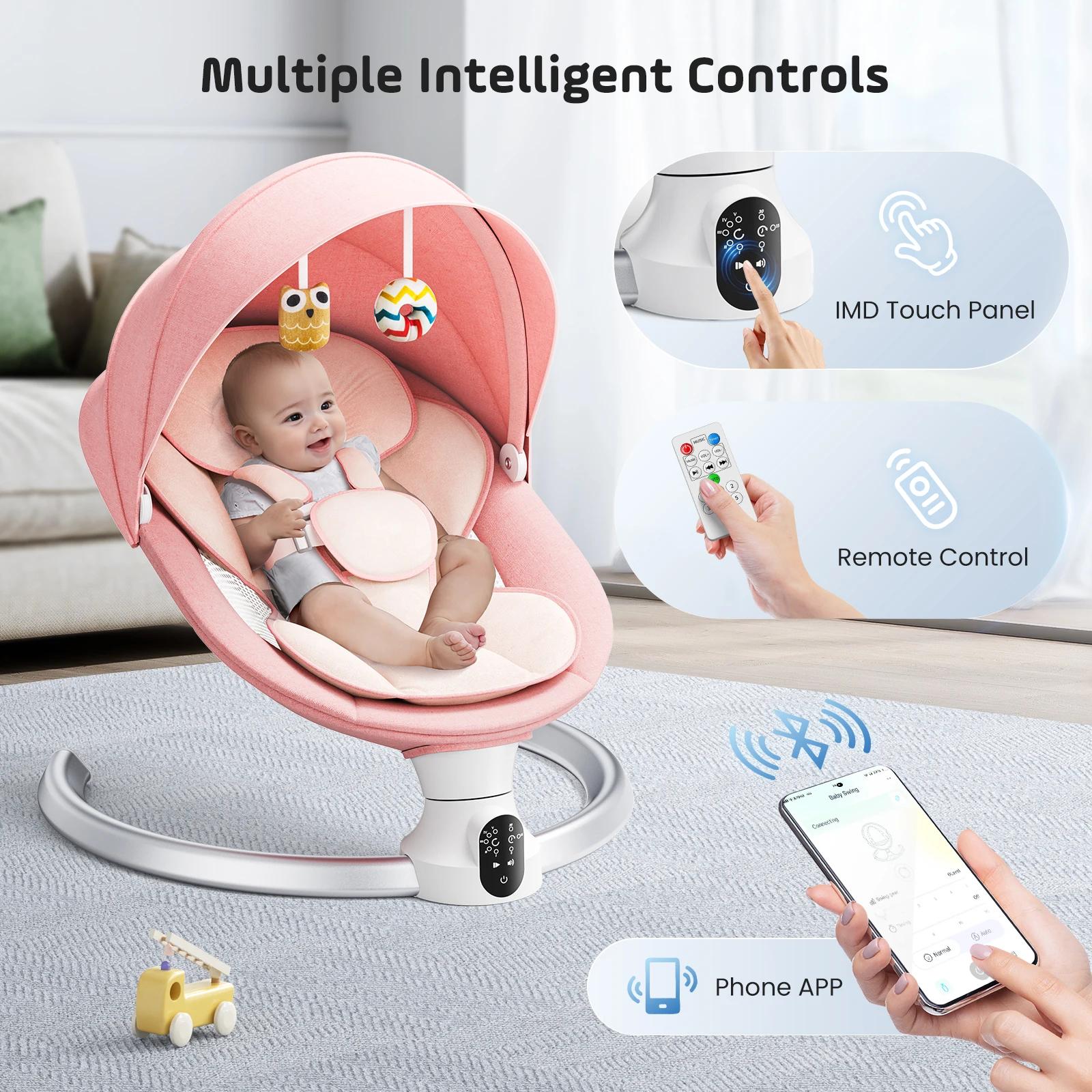 Balançoire électrique pour bébé avec 3 minuteries, application et télécommande Transat, 5 vitesses d