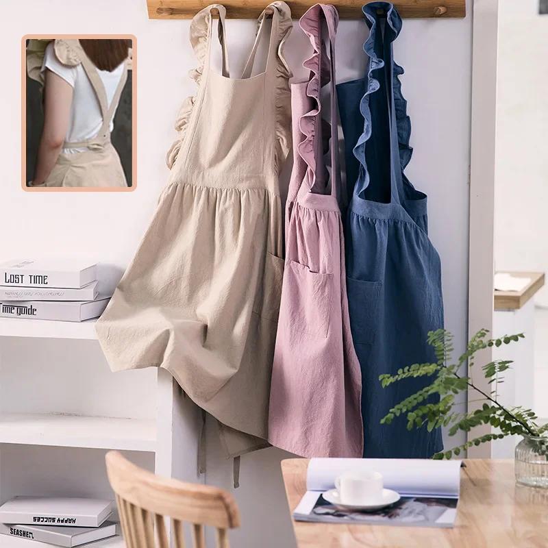 Japonais coréen volants cuisine café travail Falbala tablier kawaii maison coton lin tablier avec de