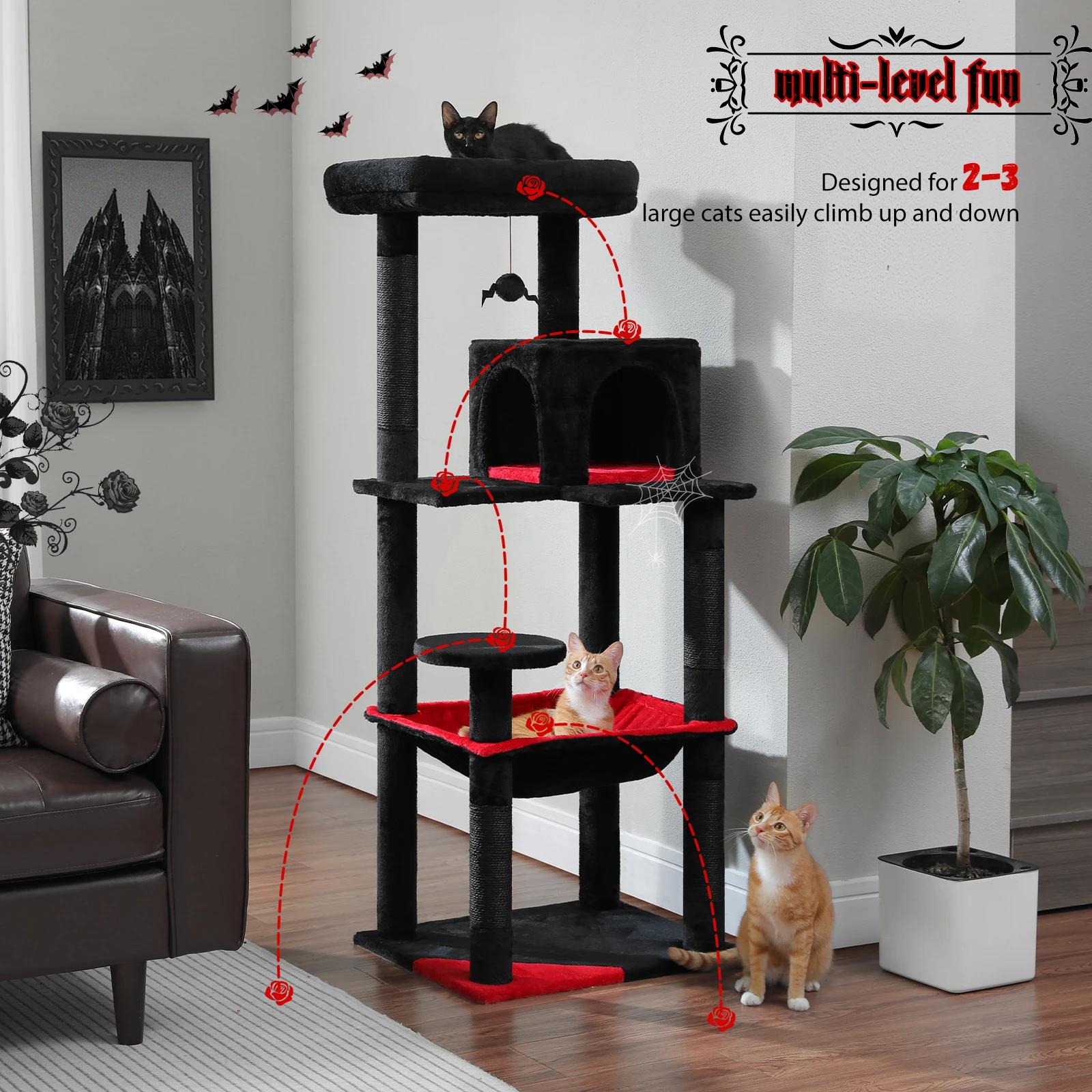 Arbre à chat pour chats d'intérieur, tour à chat à 5 niveaux pour grands chats avec grand hamac, pot