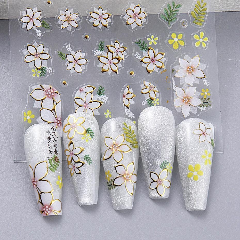 Autocollants 3D pour ongles, motif fleurs de cerisier, fleurs de pêcher, marguerites, feuilles dorée