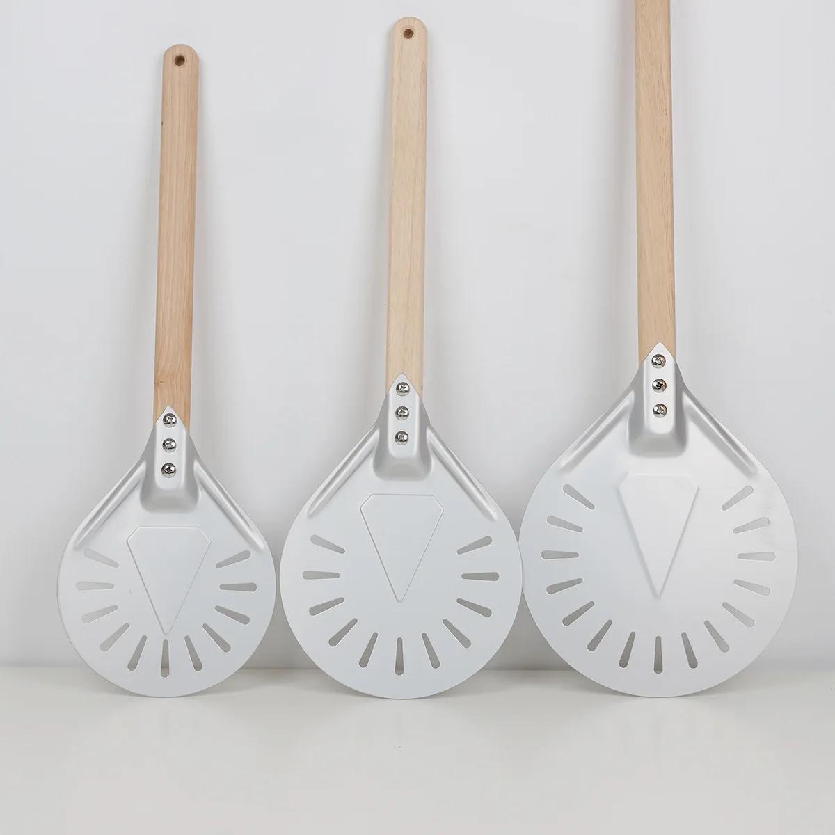 SHANGPEFATE-Pelle à Pizza Perforée UAN avec Manche en Bois Tournant, Spatules Courtes Anodisées, Out