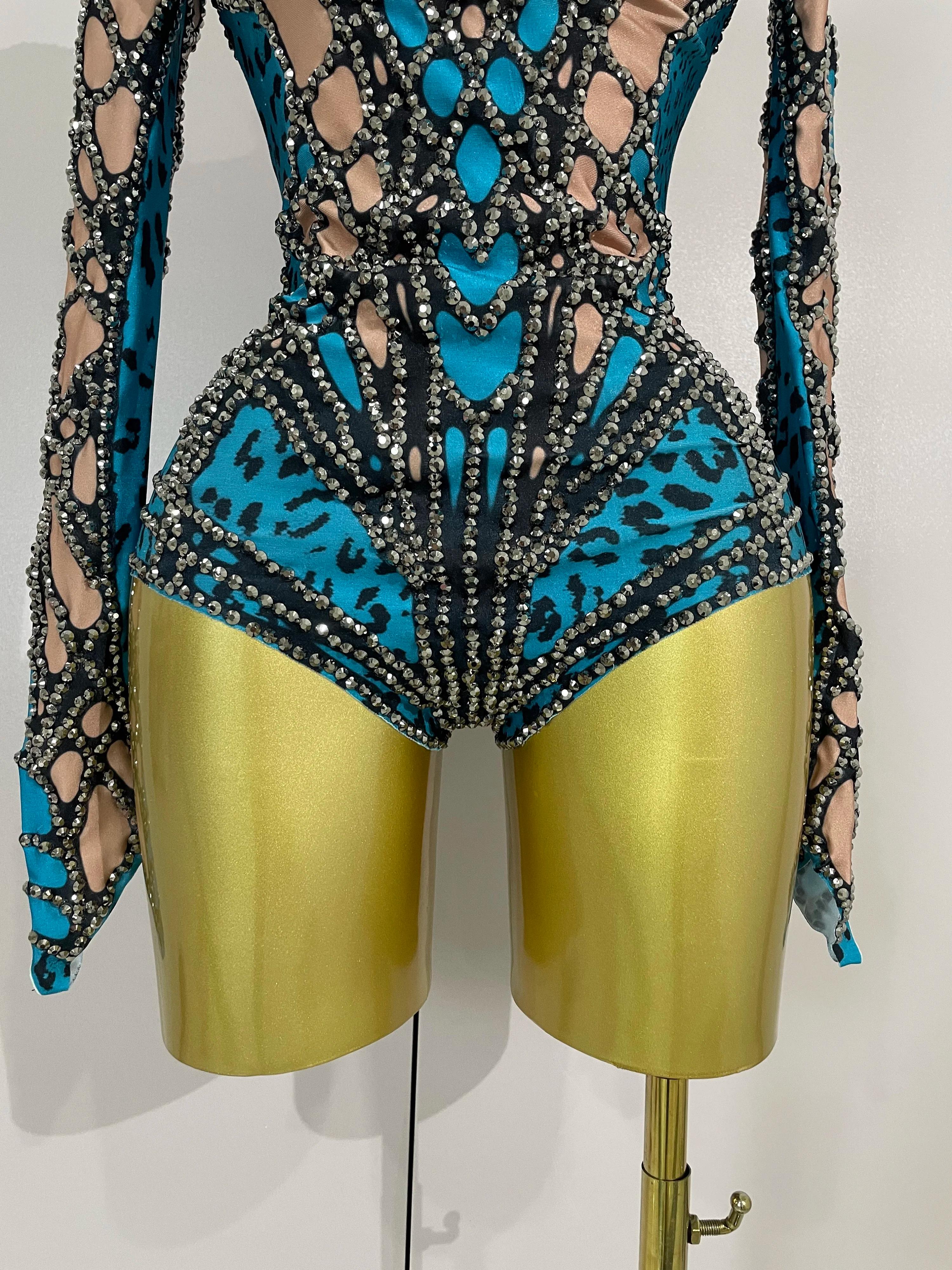 Body extensible à manches longues avec strass scintillants pour femmes, Costume de soirée de luxe po