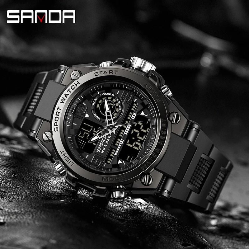 SANDA hommes sport montres à Quartz double affichage LED électronique numérique montres étanche mont